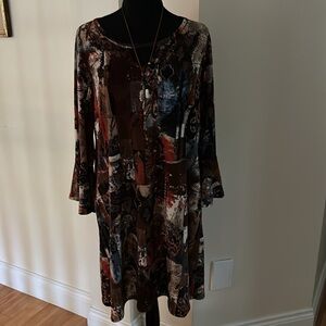 Voll abstract Print dress in Size L Brown Orange Blues with 3/4 bell sleeves